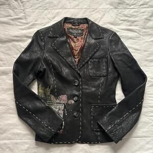 Vintage RAW Black leather jacket blazer contrast stitching painted size small
